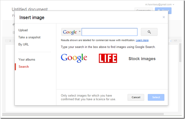 Google Docs defaults to searching for Creative Commons licensed images
